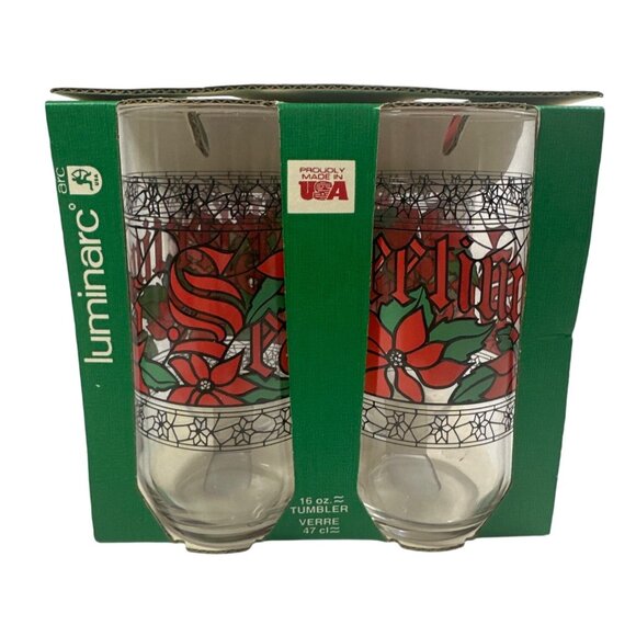 Seasons Greetings Luminarc 16 Oz Glass Tumblers Set Of 4 Made In USA NOS - Picture 7 of 8